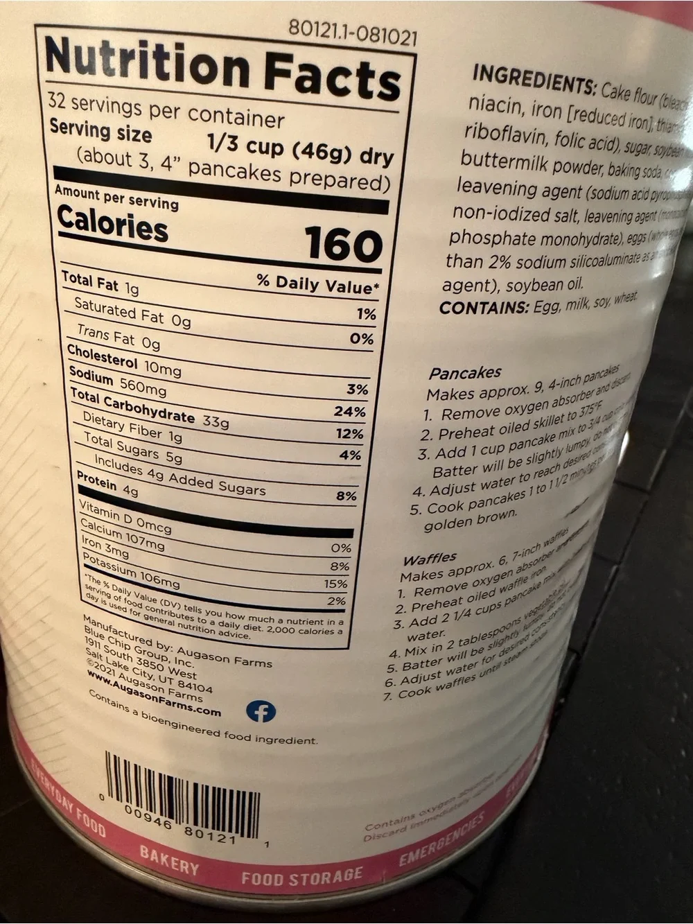 2 Augason Farms Buttermilk Pancake Mix 2 #10 cans